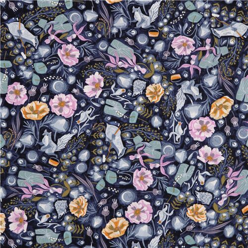 Tissu bleu fonc renard cureuil oiseaux fleurs roses Tissu
