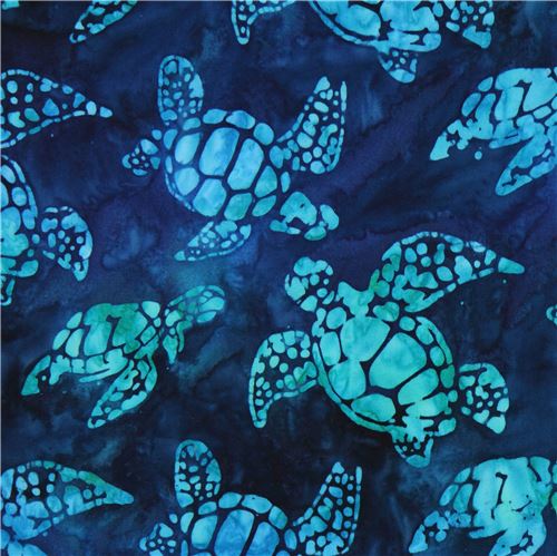 Tissu Robert Kaufman teint/Batik bleu-vert fonc, tortues, Totally Tropical Tissu
