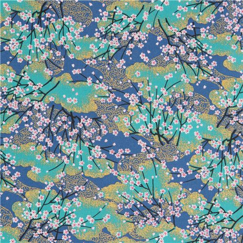 dark blue green cute small flower gold metallic embellishment fabric ...