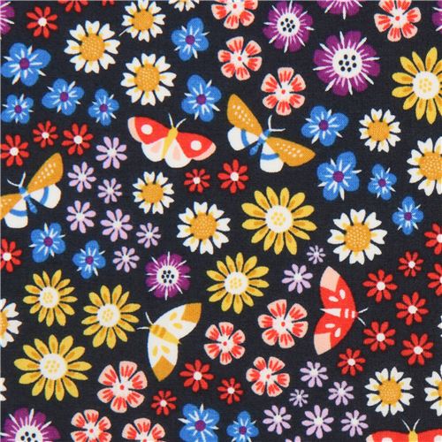 dark blue-grey colorful flower Cloud 9 organic cotton fabric Bohemian Garden 2
