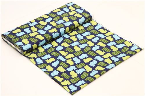 dark blue hippo animal fabric green-blue Robert Kaufman Fabric by