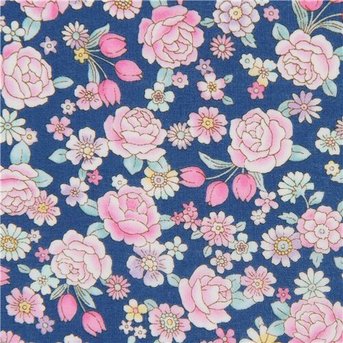 Dark Blue Lightweight Cotton Lawn Fabric With Small Roses Modes4u