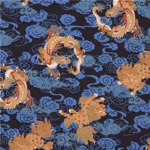 navy blue lion dragon cloud gold metallic embellishment fabric - modeS4u