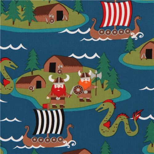Tissu esprit marin bleu foncé Michael Miller motif vikings Tissu