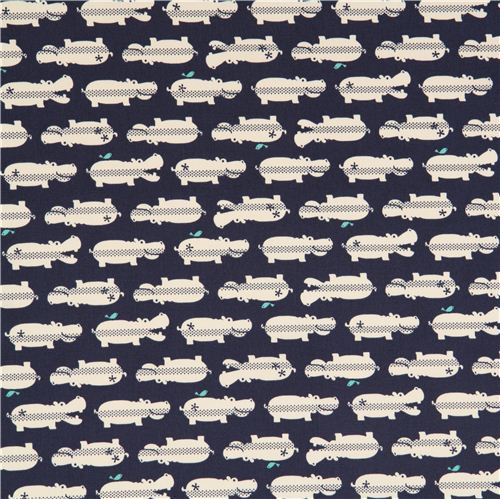 dark blue oxford fabric with hippo by Kokka Japan 2