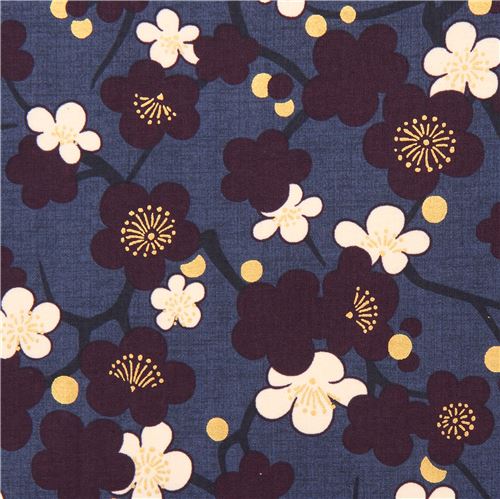 dark blue purple cream Asia blossom flower fabric with gold metallic from Japan 2