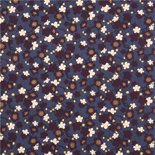 dark blue purple cream Asia blossom flower fabric with gold metallic from Japan 3