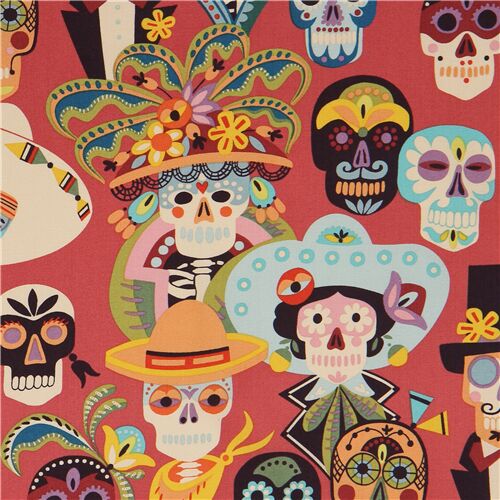 Tissu corail foncé avec des têtes de morts en sucre multicolores Tissu