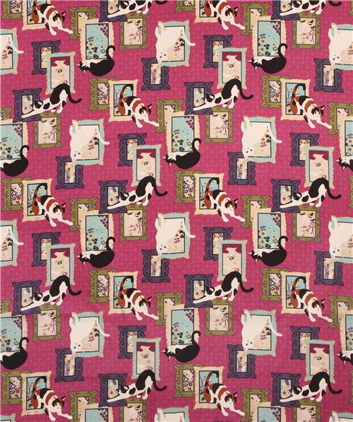 dark fuchsia cute cat frame fabric with gold metallic embellishment from Japan Fabric by Cosmo
