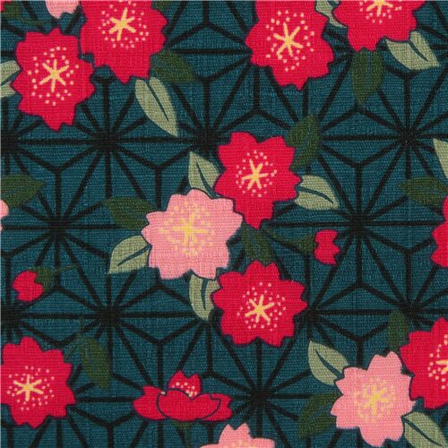 dark green Dobby fabric with sakura flower by Cosmo Fabric