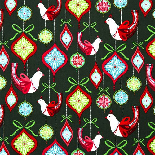 dark green Robert Kaufman Christmas fabric ornaments bird 1