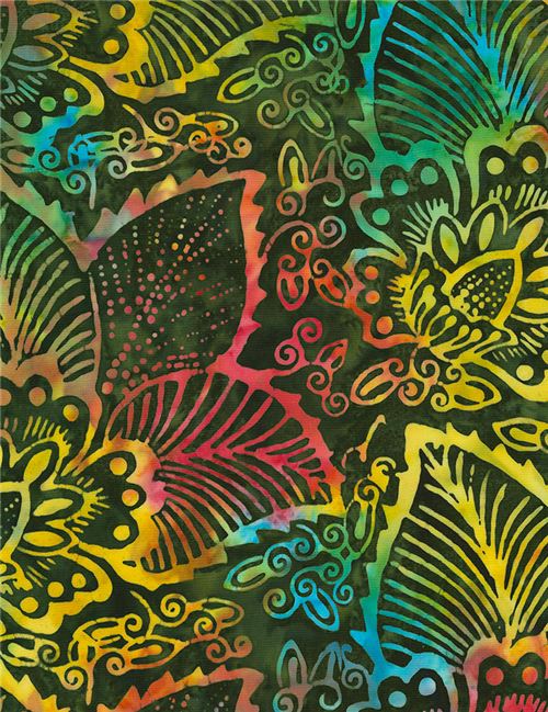 Resto de (25 x 112 cm) - Tela batik verde oscuro de Timeless Treasures con grandes flores y hojas