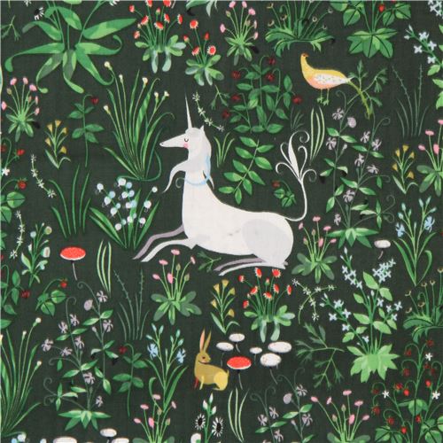 dark green animal flower double gauze fabric by Andover The Lovely Hunt 2