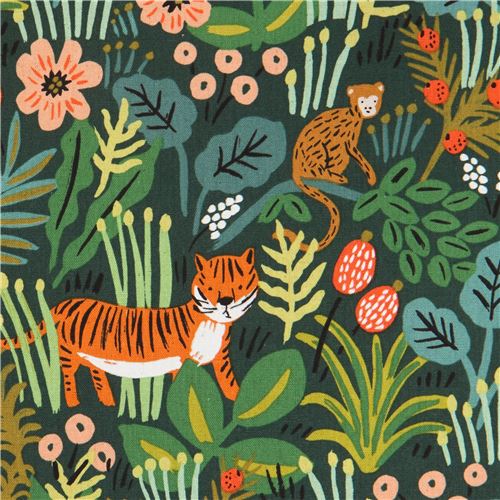 dark green with leaf tiger monkey animal Canvas fabric by Cotton and Steel Fabric by Cotton