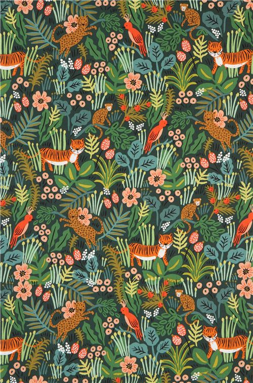 dark green with leaf tiger monkey animal Canvas fabric by Cotton and Steel Fabric by Cotton