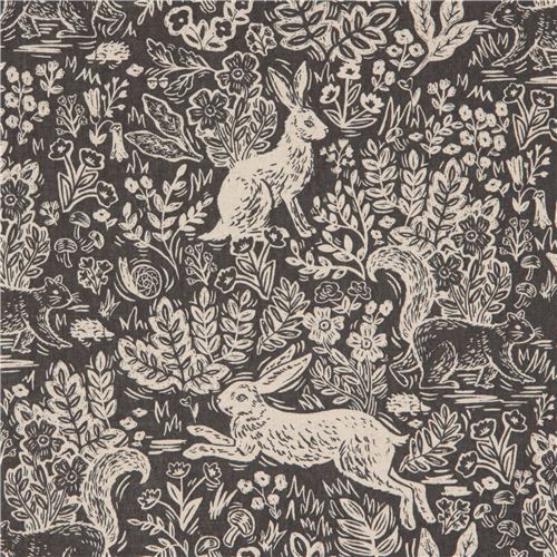 dark grey rabbit and flower canvas fabric by Rifle Paper Co Fabric by ...