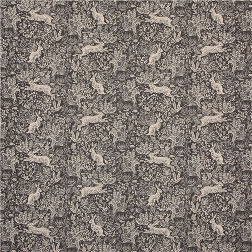 dark grey rabbit and flower canvas fabric by Rifle Paper Co - modeS4u