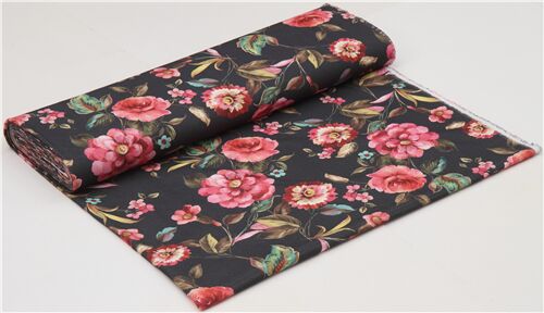dark grey retro pink flower woven cotton fabric - modeS4u