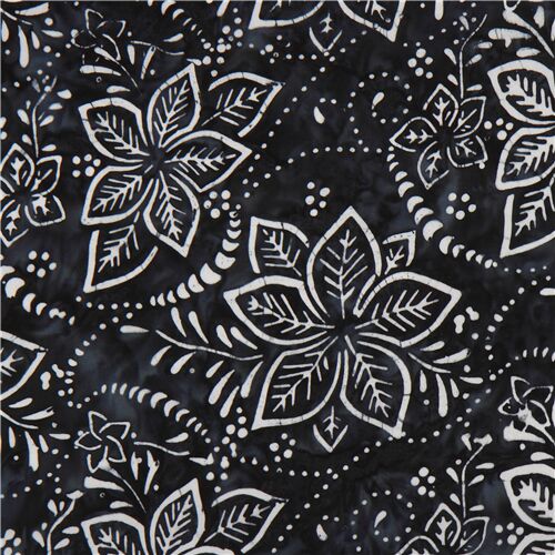  Tissu  Batik  Timeless Treasures gris fonc  avec des fleurs 