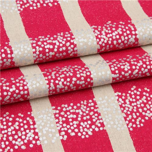 dark pink echino stripe canvas fabric with mini metallic silver dots