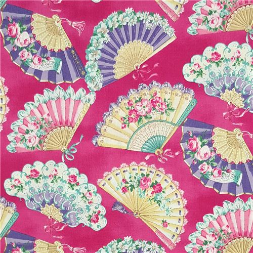 dark pink vintage Quilt Gate fabric with colorful fans Fabric by Cosmo