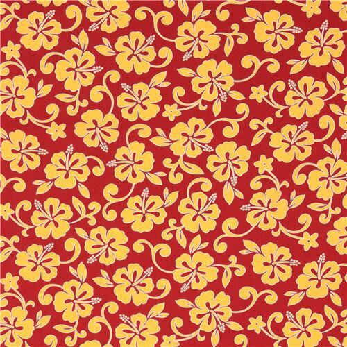 Remnant (39 x 112 cm) - dark red Robert Kaufman cute yellow flower fabric Paradise Pareaus 3 2