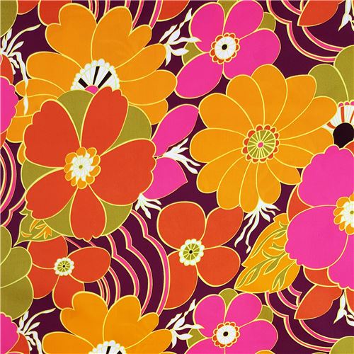 dark purple fabric with big orange and pink flowers from Japan - modeS4u