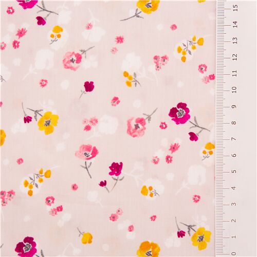 Tissu Imprimé Hawaiien Polycoton - Motif Fleurs Roses/Jaunes Sur Fond Rose - Largeur 45" (114 Cm) - Neuf