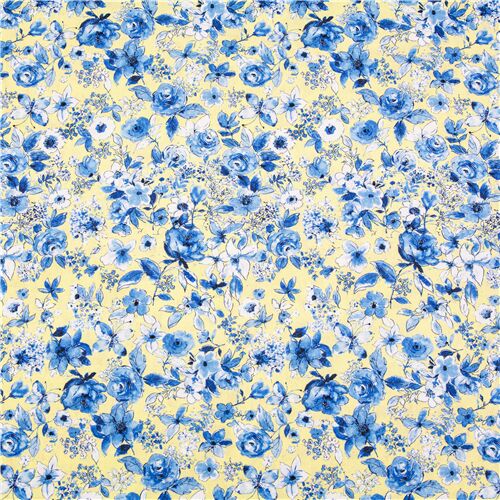 Blue Dense Romantic Florals Etchings Fabric by Michael Miller