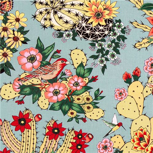 Wstenvegetation Vgel Blumen Schmetterlinge Alexander Henry hellblauer US Stoff