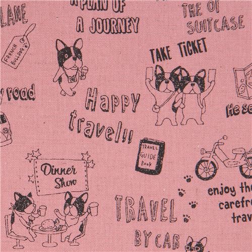 Toile Kokka rose-mauve avec des chiens, des bouledogues français, transport Tissu