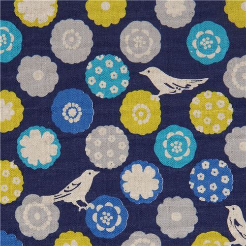 echino Japanese canvas fabric with flowers and birds in dark blue Fabric