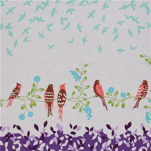 echino canvas Kokka fabric birds purple from Japan 1