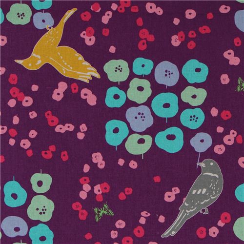 echino canvas Kokka fabric flower birds purple Japan 1