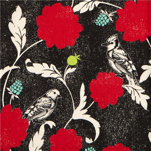 Tela Negra De Lona De Echino Dahlia Pájaro Y Flor Japón Fabric By