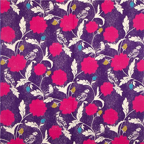 purple echino canvas fabric Dahlia bird & flower Japan Fabric by Echino ...