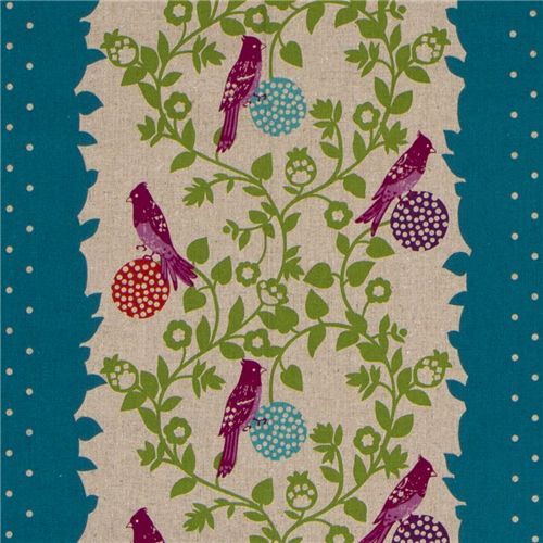 echino canvas fabric birds perch turquoise from Japan Fabric
