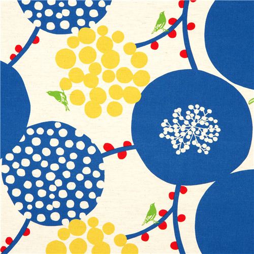 echino canvas fabric blue berries birds from Japan Fabric by Echino ...