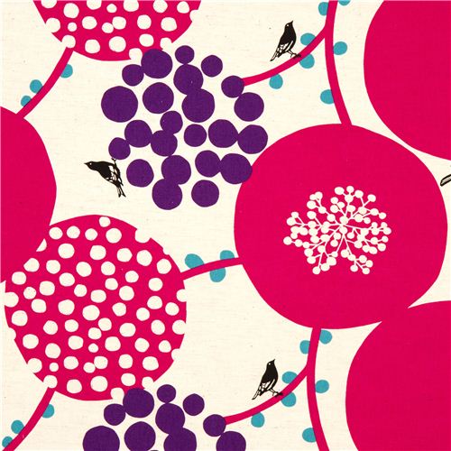 echino canvas fabric rosa berries birds dal Giappone1