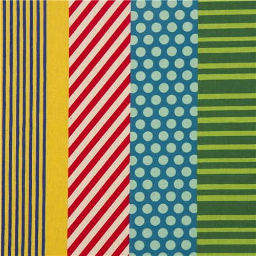 Tissu enduit laminé Echino Kikka à bandes jaune-rouge-bleu Tissu