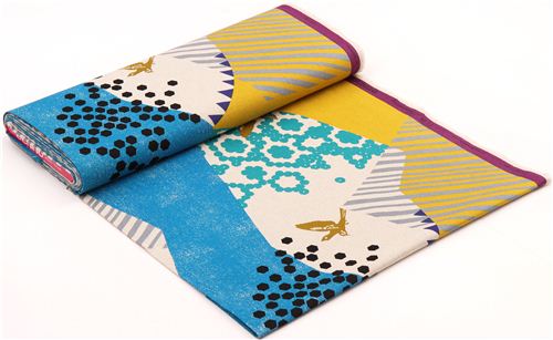 echino landscape canvas fabric blue-yellow from Japan bird mountain ...