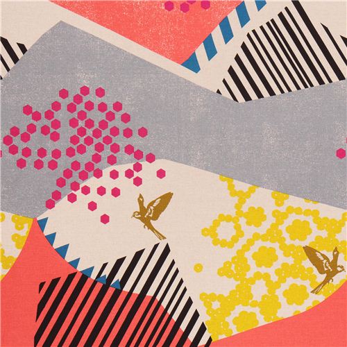 echino landscape canvas fabric coral-grey from Japan bird mountain 1