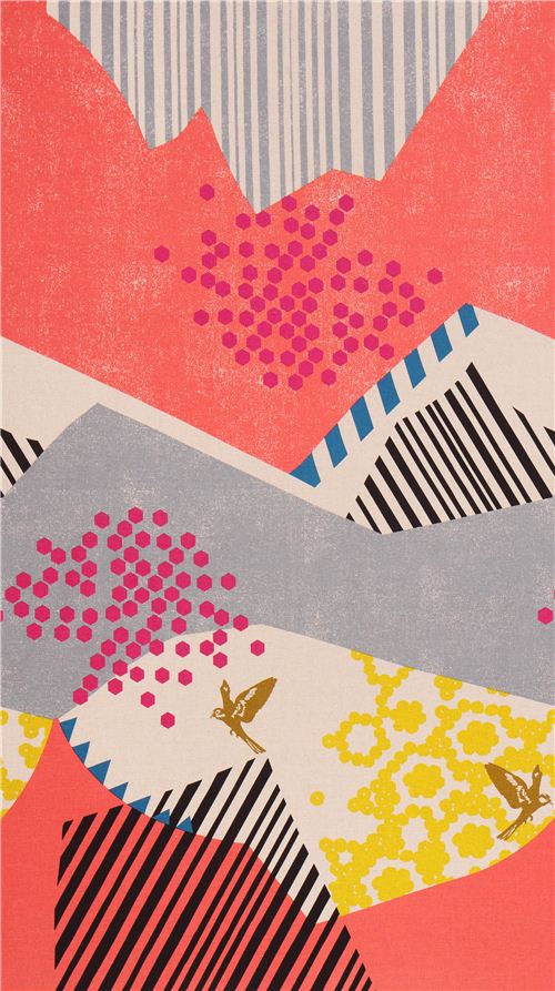 echino landscape canvas fabric coral-grey from Japan bird mountain 2