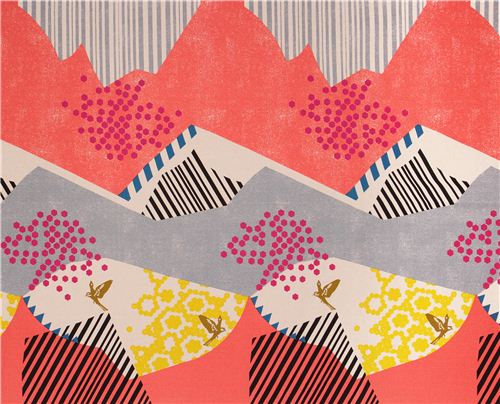 echino landscape canvas fabric coral-grey from Japan bird mountain 3
