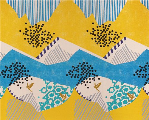 echino landscape canvas laminate fabric blue-yellow Japan bird mountain 3