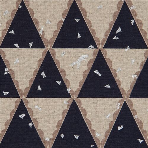 echino metallic silver canvas fabric with natural color and navy blue triangles Fabric