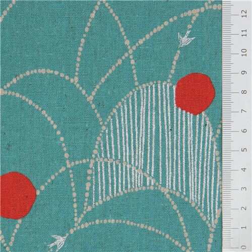 echino turquoise and metallic silver canvas fabric with birds and ...