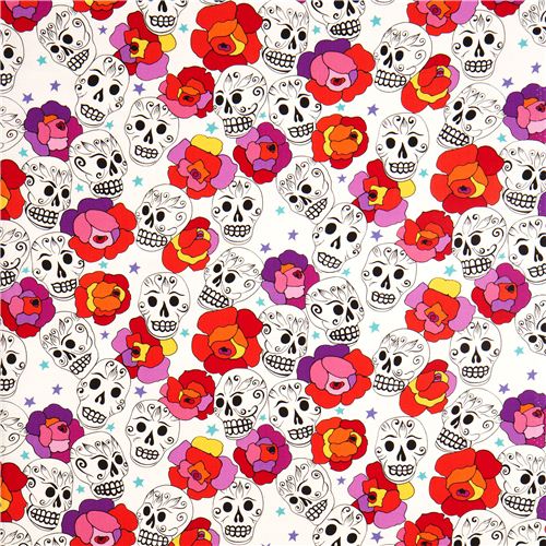 ecru Alexander Henry fabric with skulls, stars and roses 2