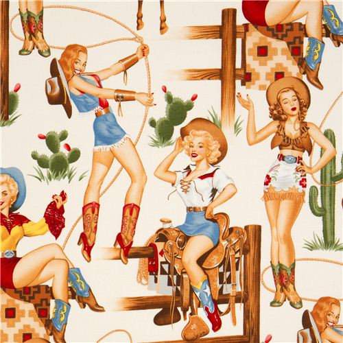 ecru Cowboy Pin up women fabric by Alexander Henry Fabric