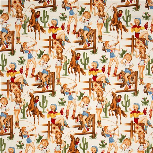 ecru Cowboy Pin up women fabric by Alexander Henry 2